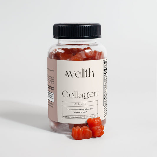 The Wellth collagen gummies for glowy skin, less hair loss, and strong nails. With collagen, vitamin C, E, zinc, and biotin